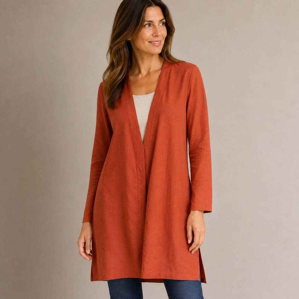 Boston Proper Beyond Travel Long Cardigan size XS Rust Red Ponte Knit Jacket